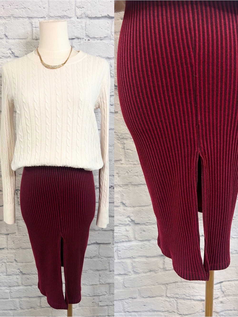 2 Piece Casual Outfit GAP White Cable Sweater French Connection Striped Skirt